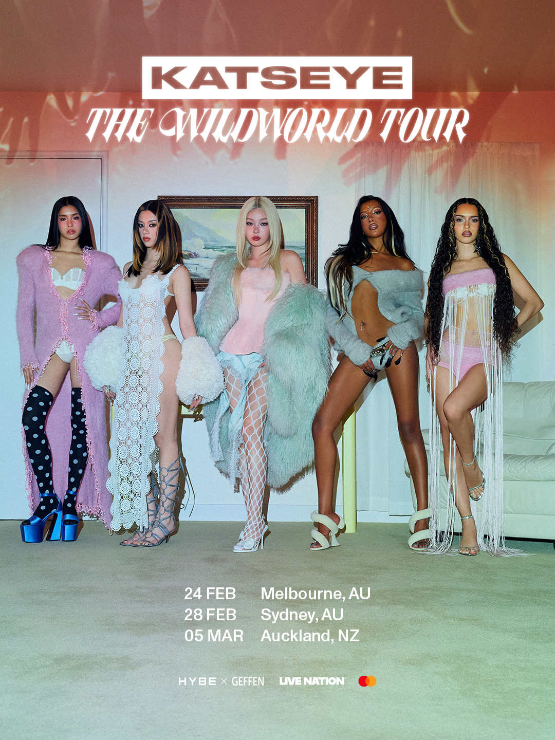 KATSEYE The Wildworld Tour poster featuring tour dates for Melbourne, Sydney, and Auckland.